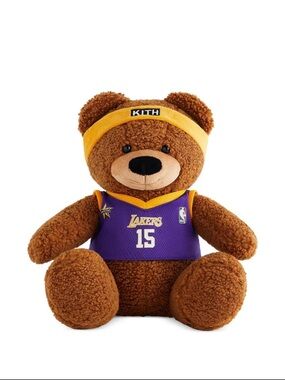 New Kith x Lakers Brown Teddy Bear in Purple Lakers Jersey and Yellow Headband